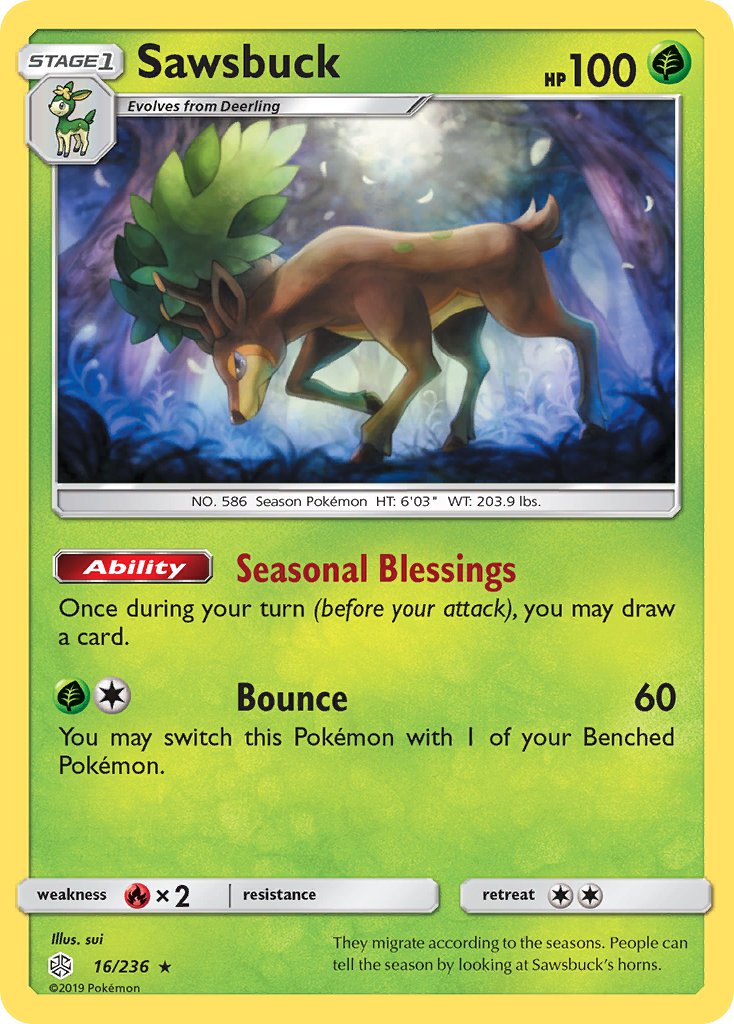 Sawsbuck (16/236) (Prerelease Kit Exclusive) (Theme Deck Exclusive) [Sun & Moon: Cosmic Eclipse] | Deep Dive Games St. Marys