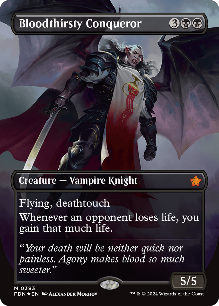 Bloodthirsty Conqueror (Borderless) (Mana Foil) [Foundations] | Deep Dive Games St. Marys