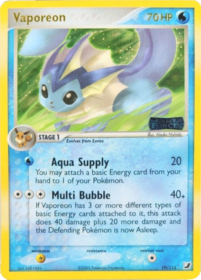 Vaporeon (19/115) (Stamped) [EX: Unseen Forces] | Deep Dive Games St. Marys