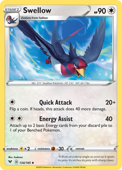 Swellow (134/185) [Sword & Shield: Vivid Voltage] | Deep Dive Games St. Marys