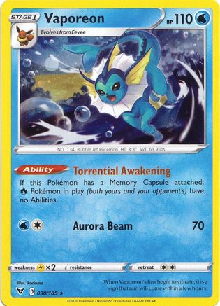 Vaporeon (030/185) (Cosmos Holo) [Sword & Shield: Vivid Voltage] | Deep Dive Games St. Marys