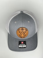 Grey/White Mesh Trucker Hat w/ Leather Patch Logo | Deep Dive Games St. Marys