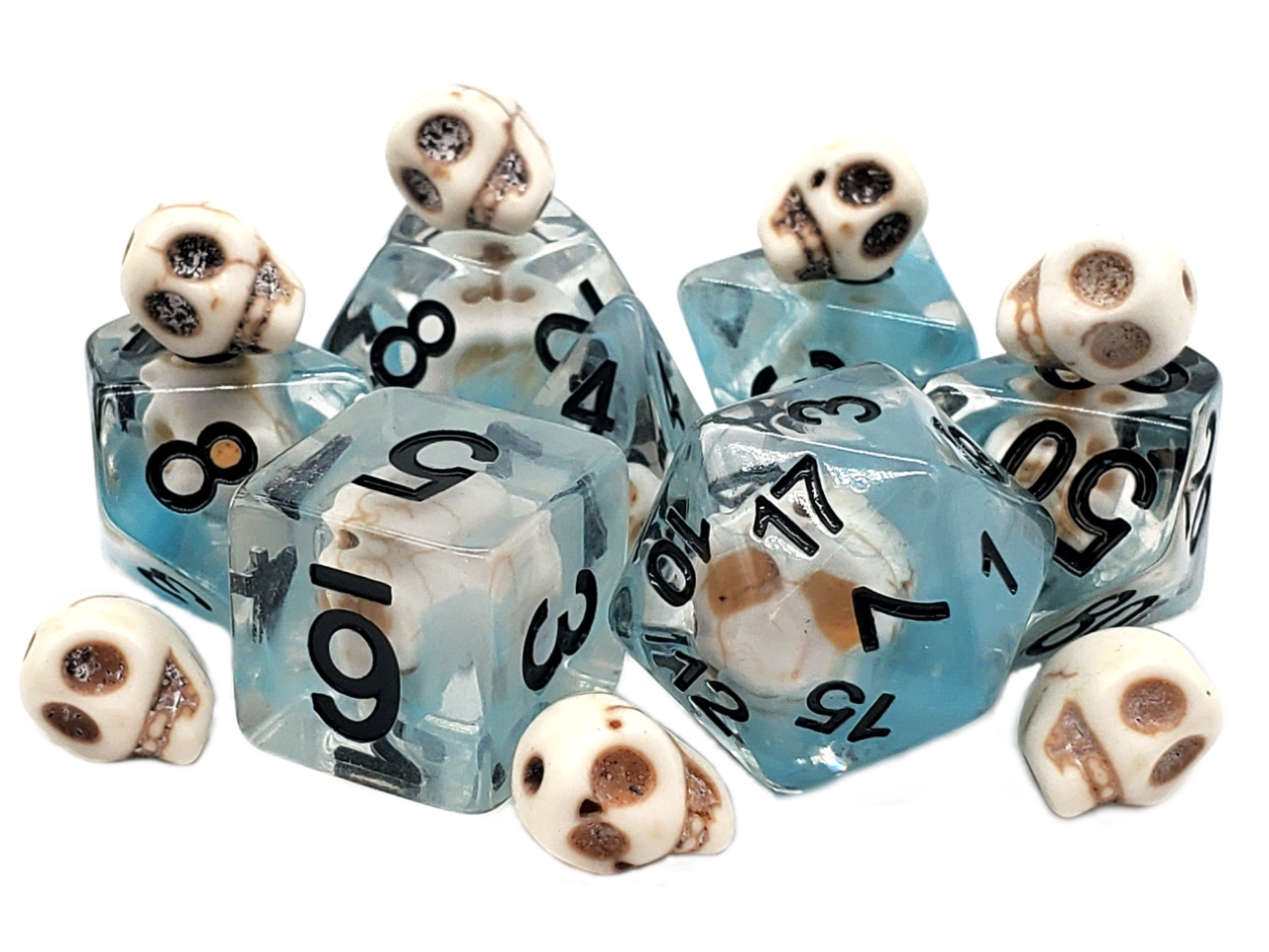Old School 7 Piece DnD RPG Dice Set: Infused - Skull w/ Blue | Deep Dive Games St. Marys