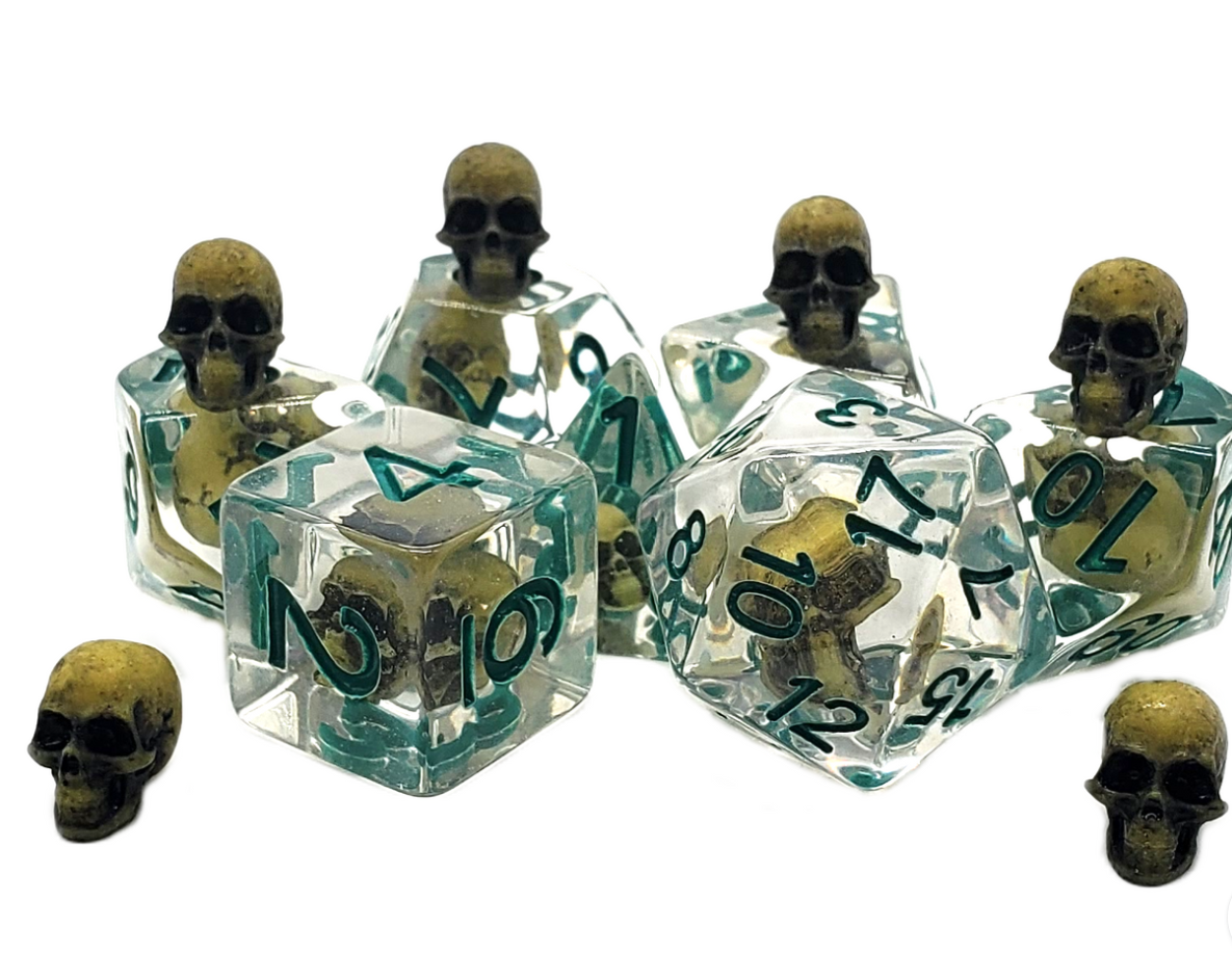 Old School 7 Piece DnD RPG Dice Set: Infused - Skull Yellow w/ Teal | Deep Dive Games St. Marys