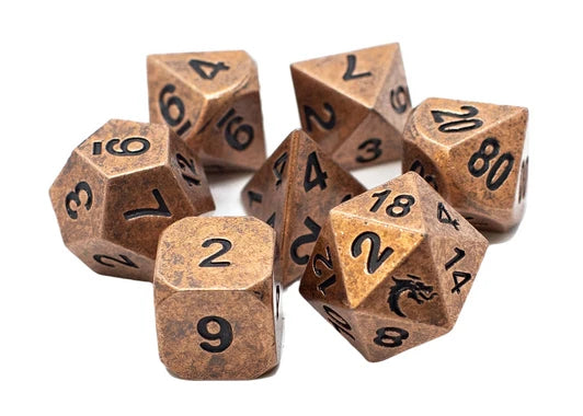 Old School 7 Piece DnD RPG Metal Dice Set: Dwarven Forged - Archaic Bronze | Deep Dive Games St. Marys