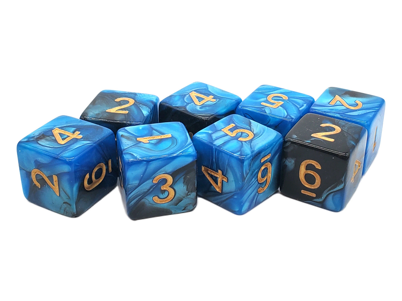 Old School Dice: D6 8-Piece Dice Set - Vorpal - Black & Blue w/ Gold | Deep Dive Games St. Marys