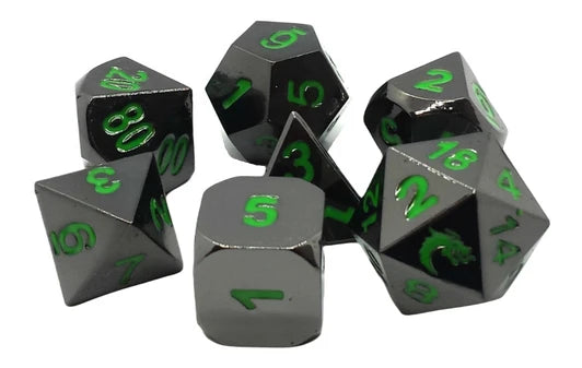 Old School 7 Piece DnD RPG Metal Dice Set: Halfling Forged - Black Nickel w/ Green | Deep Dive Games St. Marys