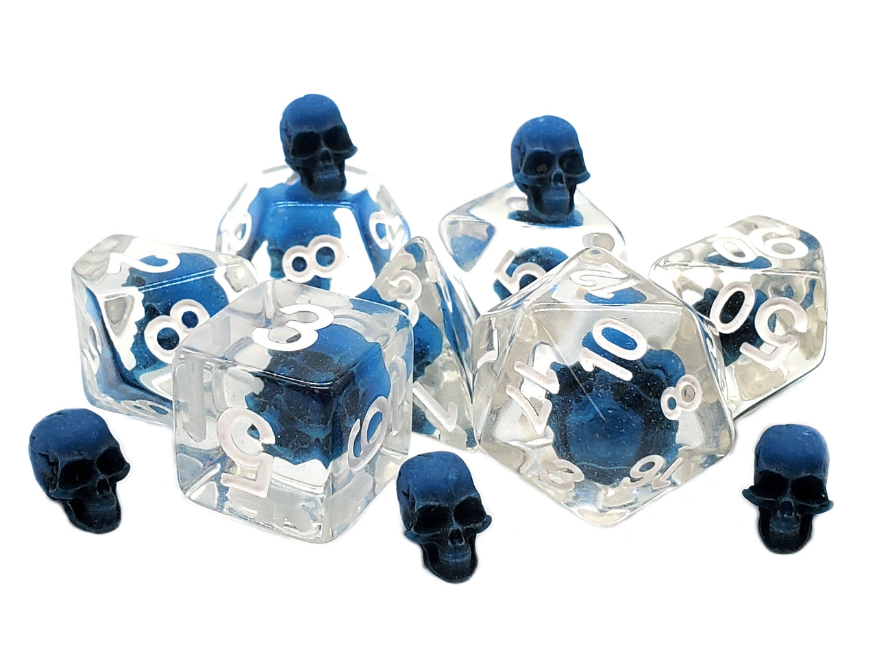 Old School 7 Piece DnD RPG Dice Set: Infused - Skull Blue w/ White | Deep Dive Games St. Marys