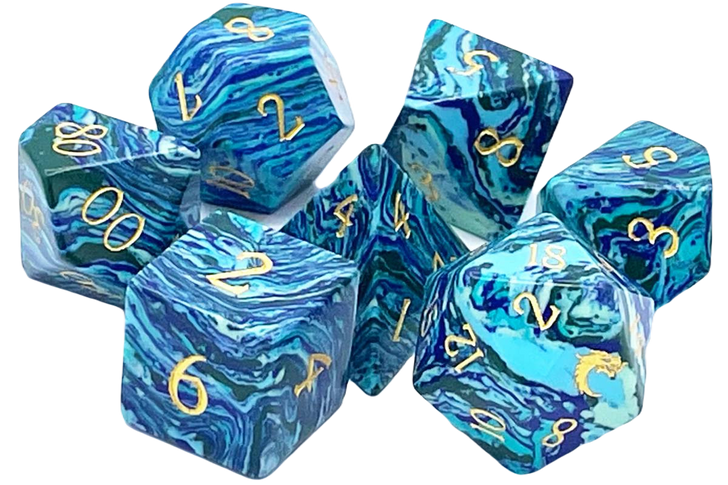 Old School Dice: Gemstone 7-Piece Set - Turquoise - Striped Blue w/ Gold | Deep Dive Games St. Marys