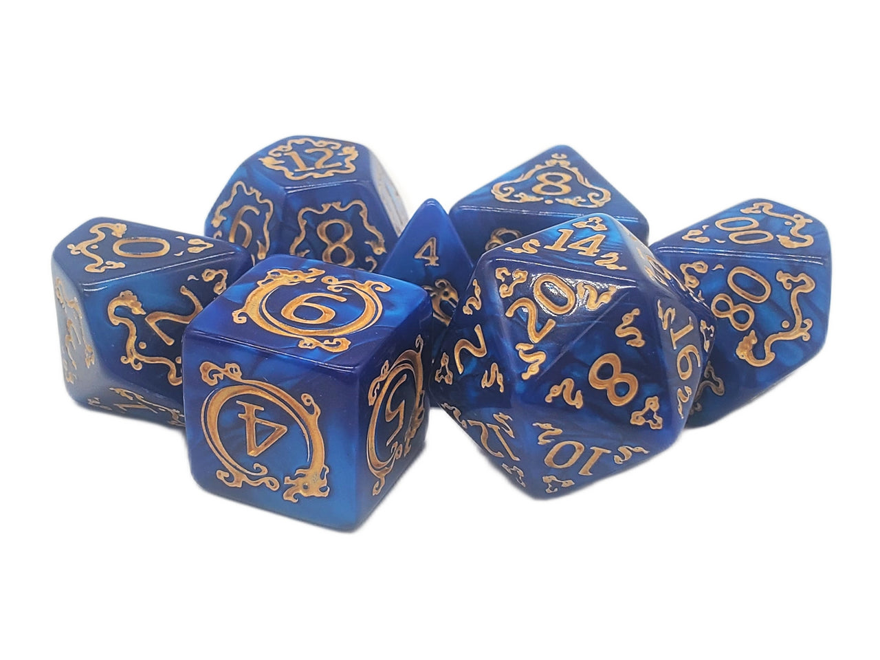 Old School 7 Piece DnD RPG Dice Set: Rune Dice - Coiled Serpent - Blue w/ Gold | Deep Dive Games St. Marys