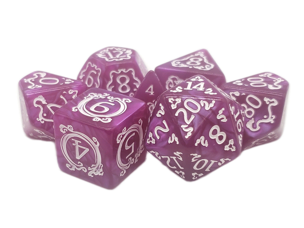 Old School 7 Piece DnD RPG Dice Set: Rune Dice - Coiled Serpent - Orchid w/ White | Deep Dive Games St. Marys