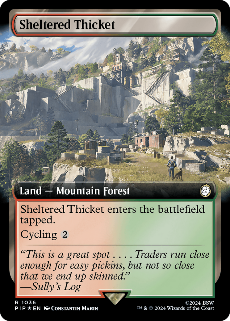 Sheltered Thicket (Extended Art) (Surge Foil) [Fallout] | Deep Dive Games St. Marys