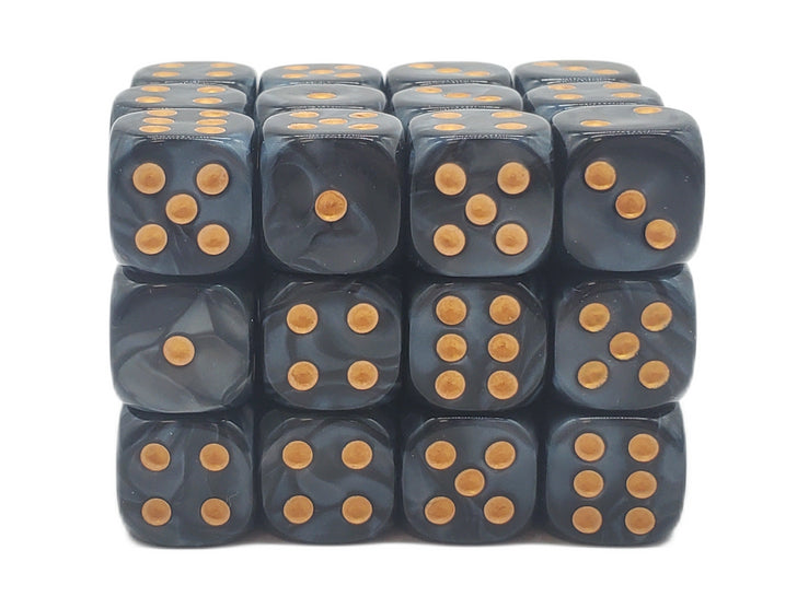 Old School Dice - D6 36ct 12mm - Pearl Drop - Black w/ Gold | Deep Dive Games St. Marys