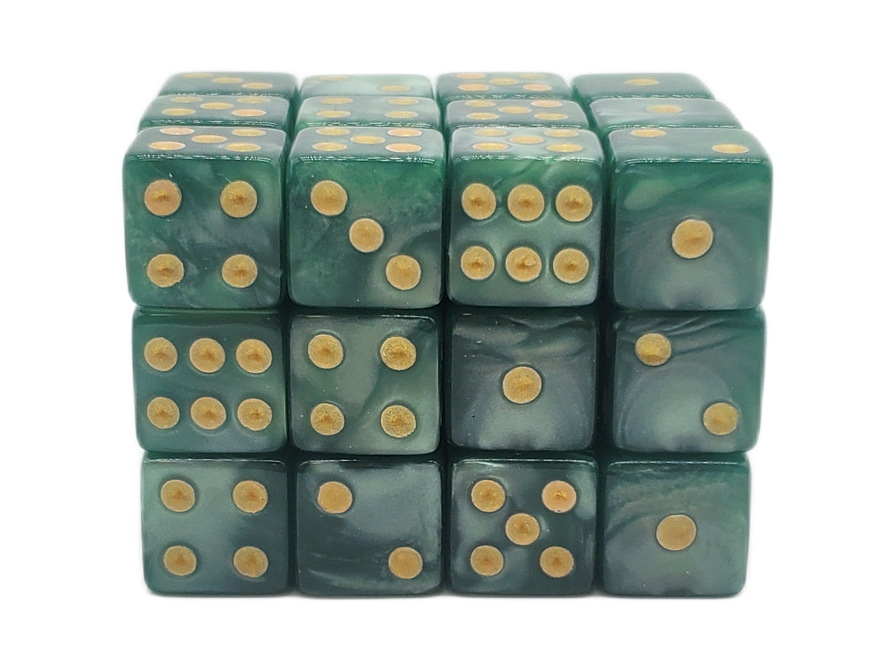Old School Dice - D6 36ct 12mm - Pearl Drop - Green w/ Gold | Deep Dive Games St. Marys