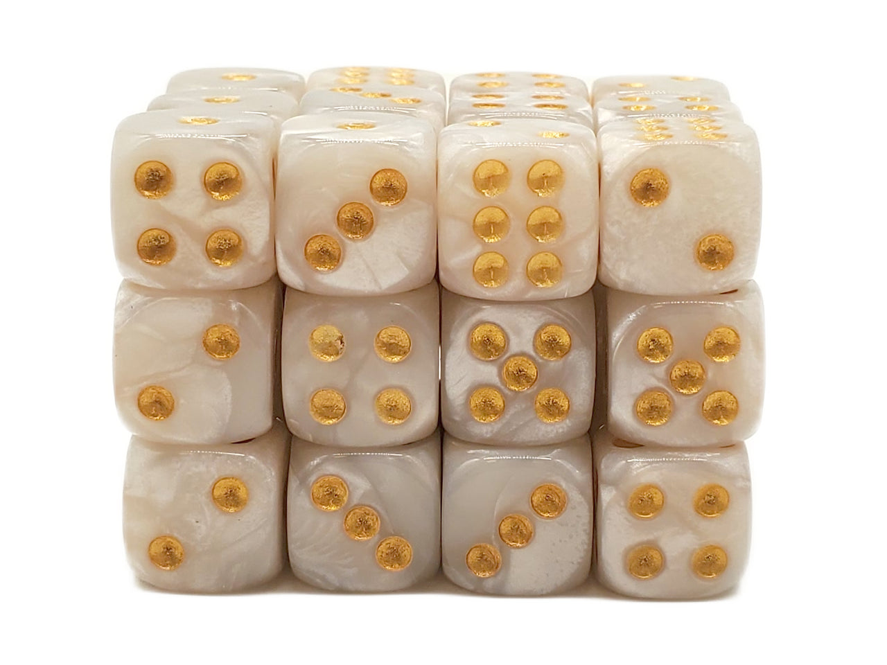 Old School Dice - 36ct 12mm D6 Pearl Drop - White w/Gold | Deep Dive Games St. Marys