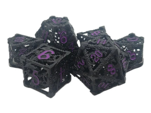 Old School Dice: Hollow Metal 7-Piece Set - Skull - Black Nickel w/ Purple | Deep Dive Games St. Marys