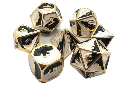 Old School 7 Piece DnD RPG Metal Dice Set: Dragon Forged - Black & White w/ Gold | Deep Dive Games St. Marys