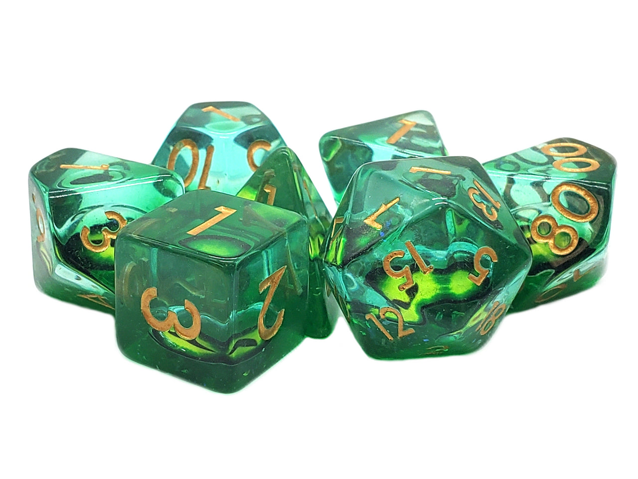 Old School 7 Piece DnD RPG Dice Set: Infused - Dragon Eye - Green - New | Deep Dive Games St. Marys