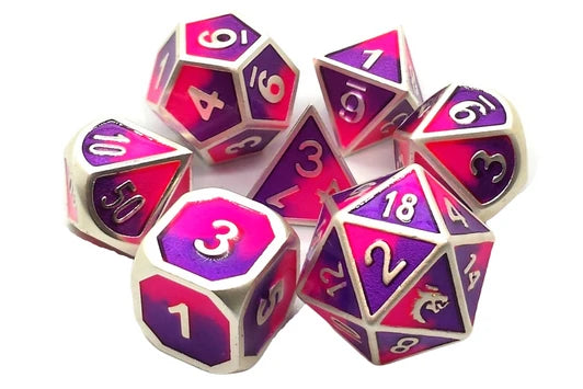 Old School 7 Piece DnD RPG Metal Dice Set: Dragon Forged - Platinum Purple & Pink | Deep Dive Games St. Marys