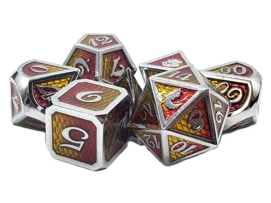 Old School 7 Piece DnD RPG Metal Dice Set: Dragon Scale - Yellow and Red | Deep Dive Games St. Marys