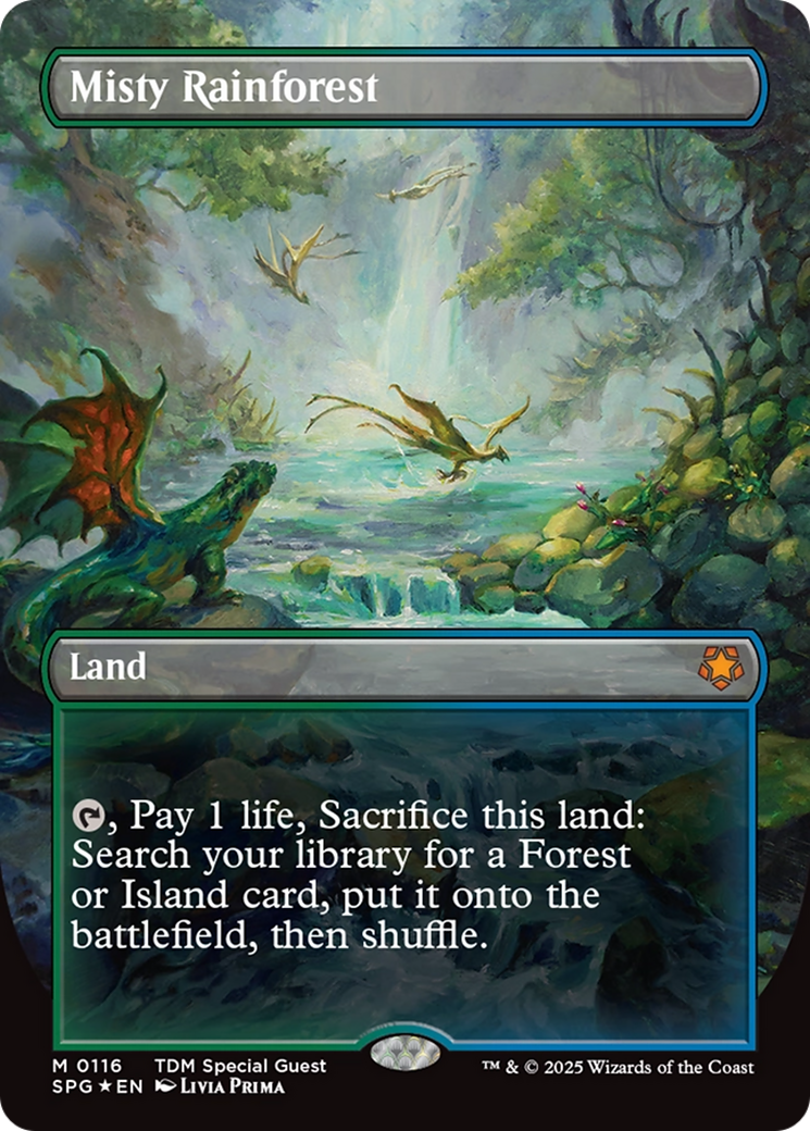Misty Rainforest (Borderless) (Dragonscale Foil) [Tarkir: Dragonstorm Special Guests] | Deep Dive Games St. Marys