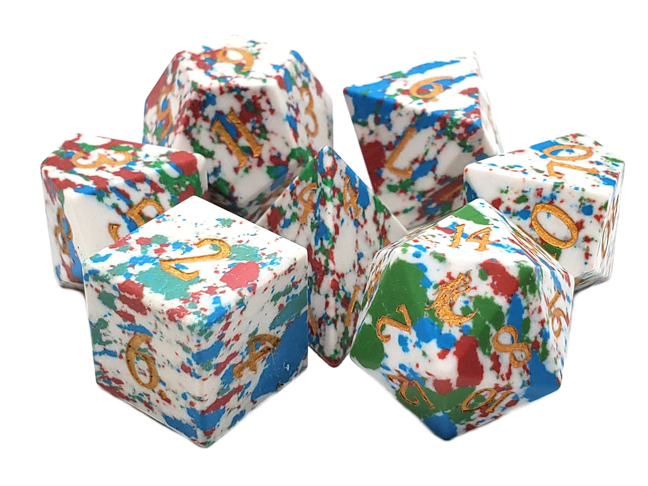 Old School Dice: Gemstone 7-Piece Set - Turquoise - Red, Green, Blue & White | Deep Dive Games St. Marys