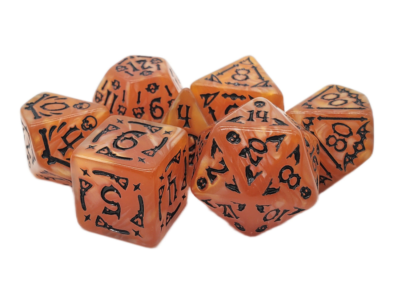 Old School 7 Piece DnD RPG Dice Set: Rune Dice - All Hallows Eve - Orange w/ Black | Deep Dive Games St. Marys