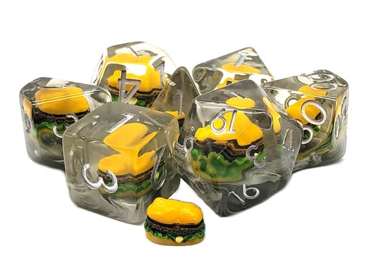 Old School 7 Piece DnD RPG Dice Set: Infused - Hamburger Time! | Deep Dive Games St. Marys
