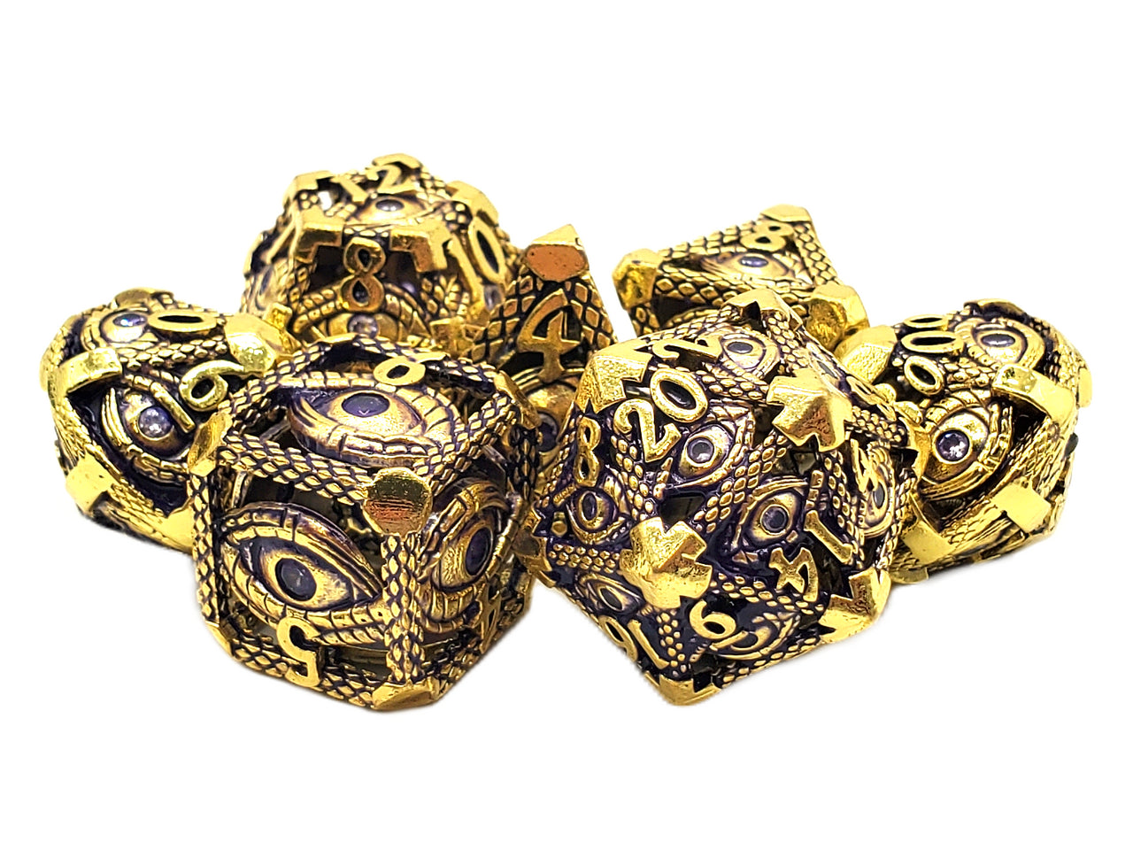 Old School Dice: Hollow Metal 7-Piece Set - All Seeing Eye - Gold w/ Purple | Deep Dive Games St. Marys