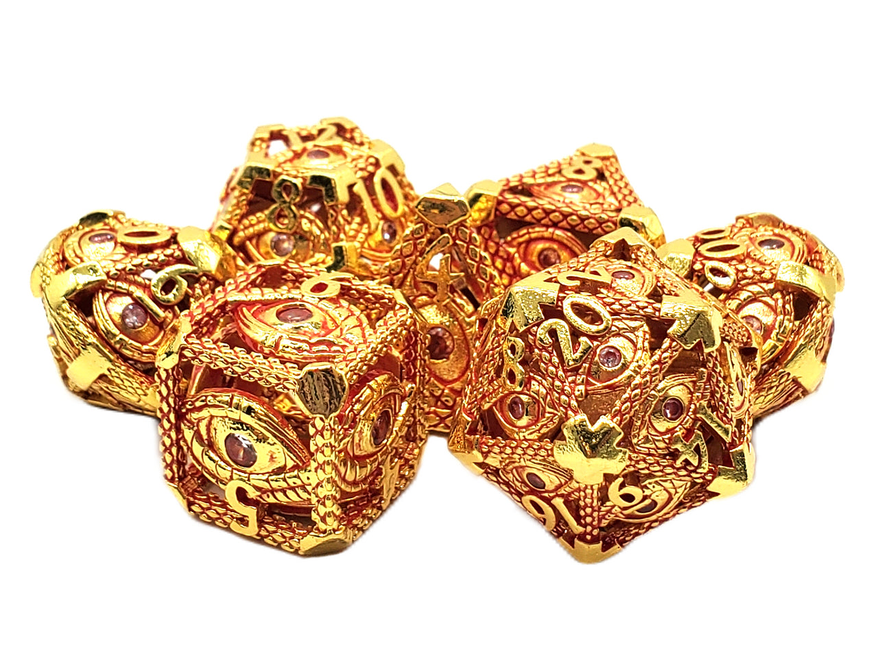 Old School Dice: Hollow Metal 7-Piece Set - All Seeing Eye - Gold w/ Red | Deep Dive Games St. Marys