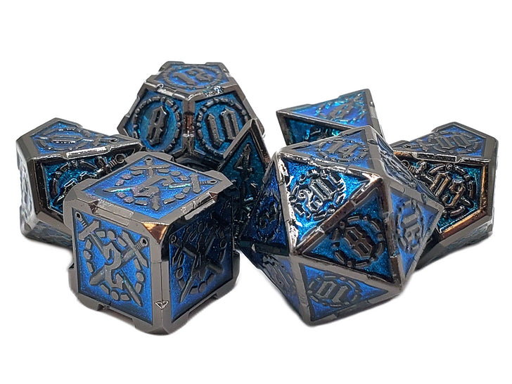 Old School 7 Piece DnD RPG Metal Dice Set: Knights of the Round Table - Turquoise w/ Black | Deep Dive Games St. Marys