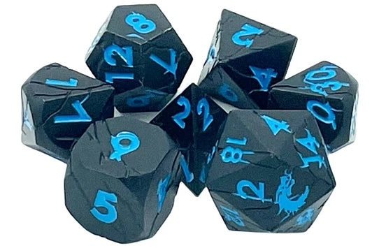 Old School 7 Piece DnD RPG Metal Dice Set: Orc Forged - Matte Black w/ Blue | Deep Dive Games St. Marys