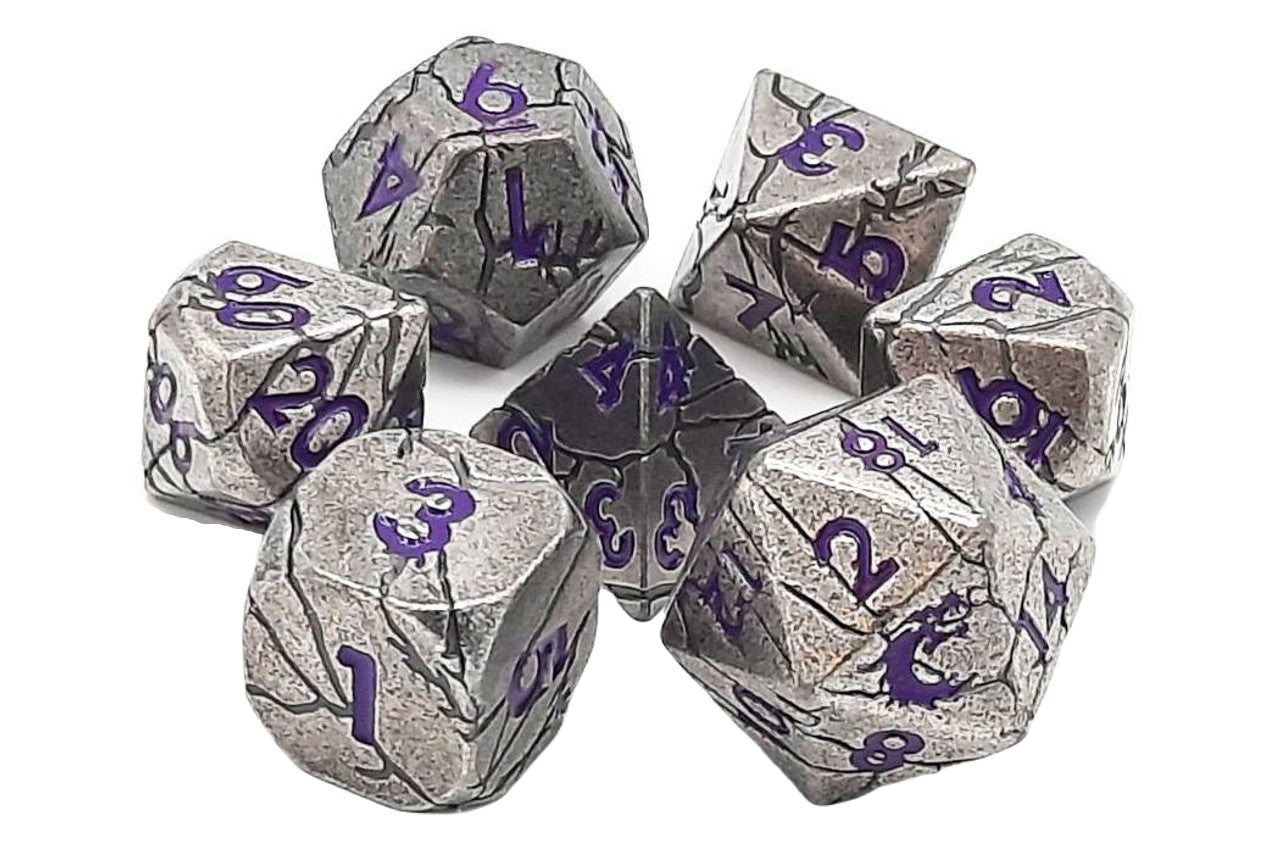 Old School 7 Piece DnD RPG Metal Dice Set: Orc Forged - Ancient Silver w/ Purple | Deep Dive Games St. Marys
