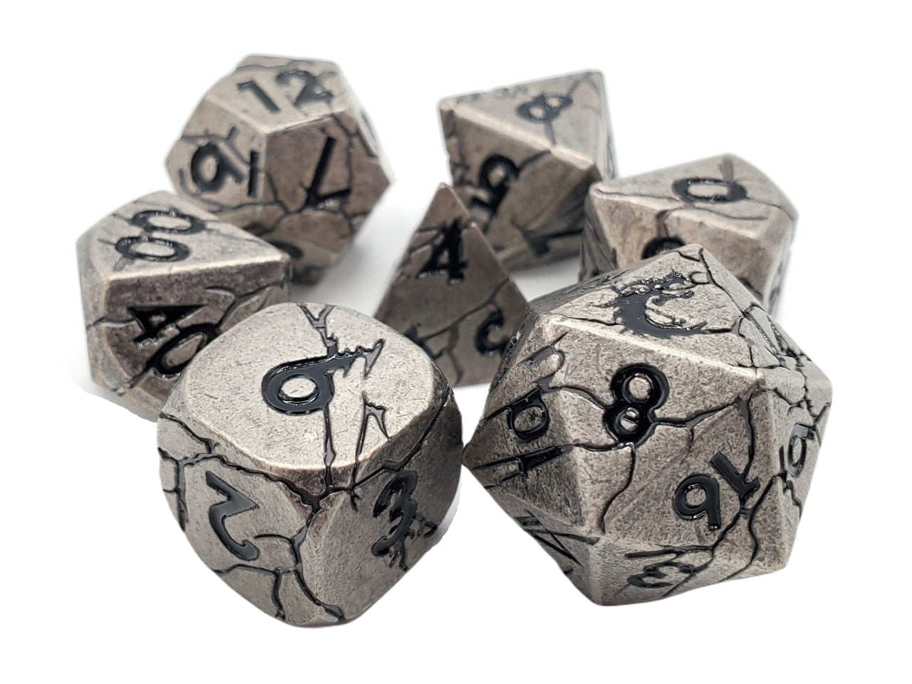 Old School 7 Piece DnD RPG Metal Dice Set: Orc Forged - Ancient Silver w/ Black | Deep Dive Games St. Marys