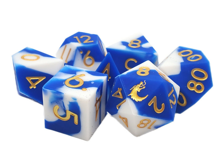 Old School Dice: Silicone 7-Piece Set - Blue & White w/ Gold | Deep Dive Games St. Marys