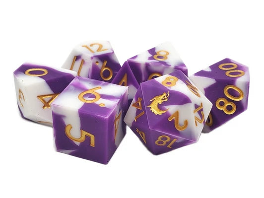 Old School Dice: Silicone 7-Piece Set - Purple & White w/ Gold | Deep Dive Games St. Marys