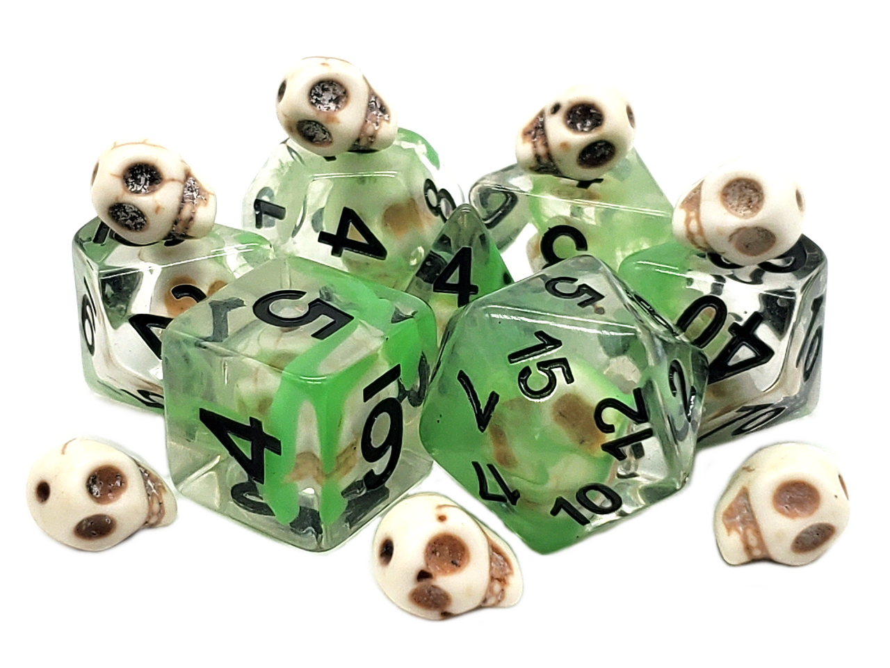 Old School 7 Piece DnD RPG Dice Set: Infused - Skull w/ Green | Deep Dive Games St. Marys