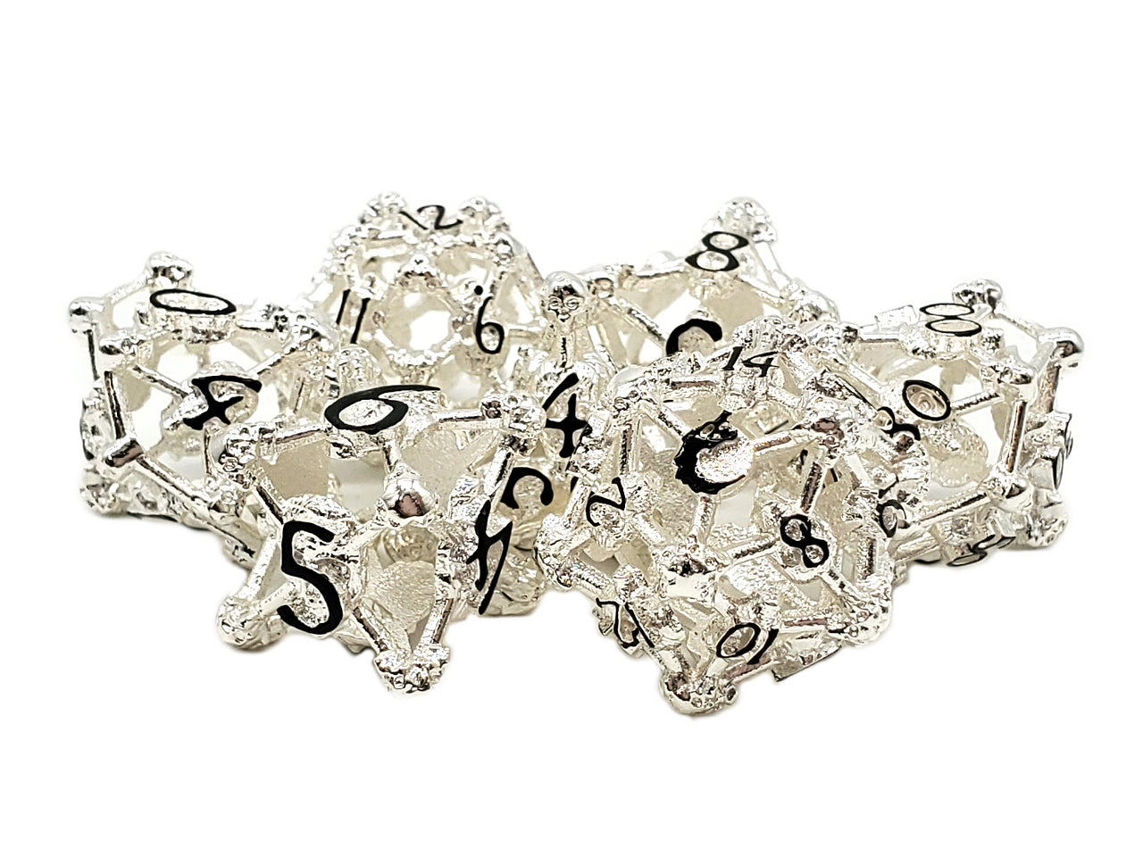 Old School Dice: Hollow Metal 7-Piece Set - Skull - Silver w/ Black | Deep Dive Games St. Marys