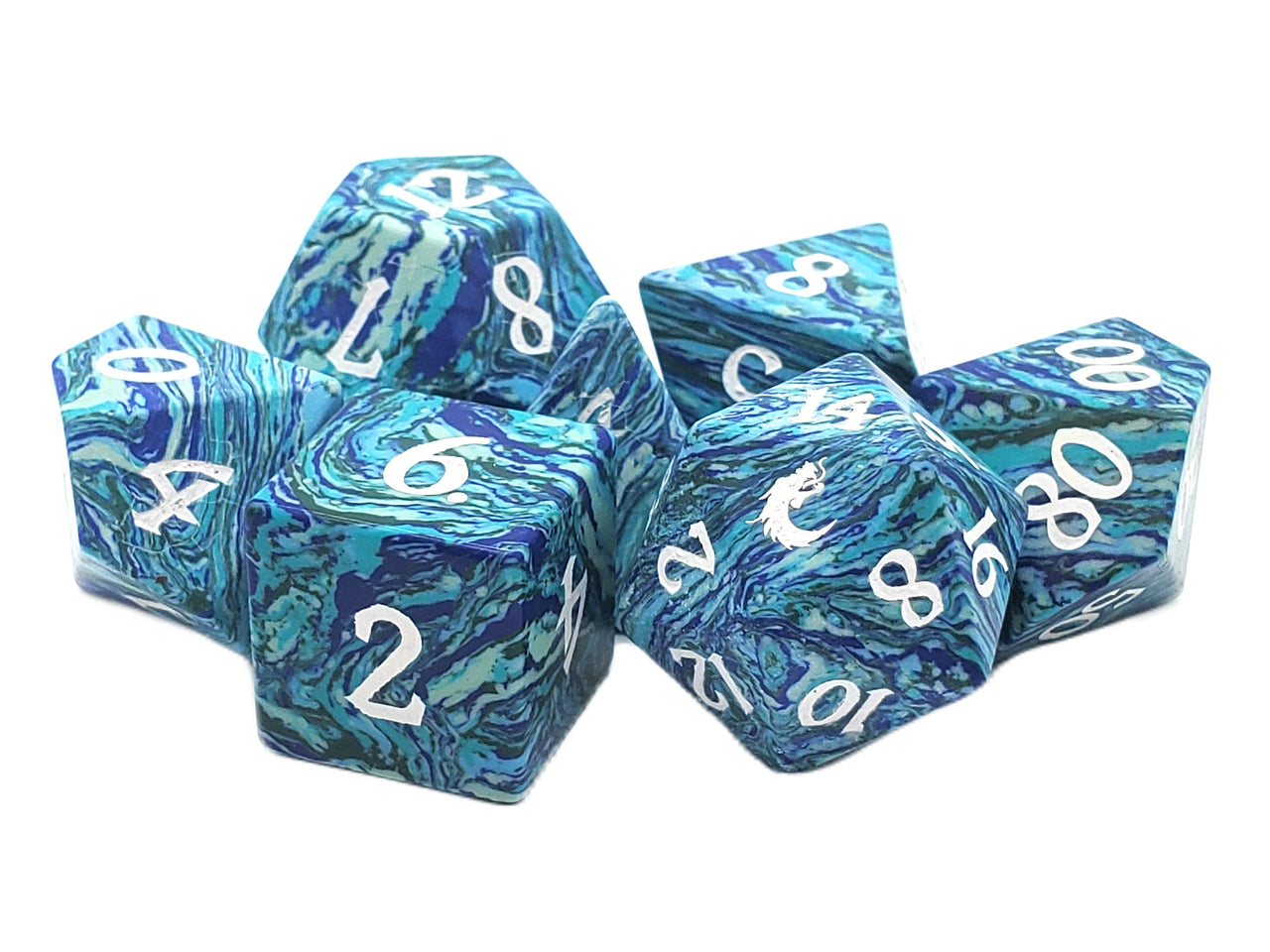 Old School Dice: Gemstone 7-Piece Set - Turquoise - Striped Blue & Green w/ White | Deep Dive Games St. Marys