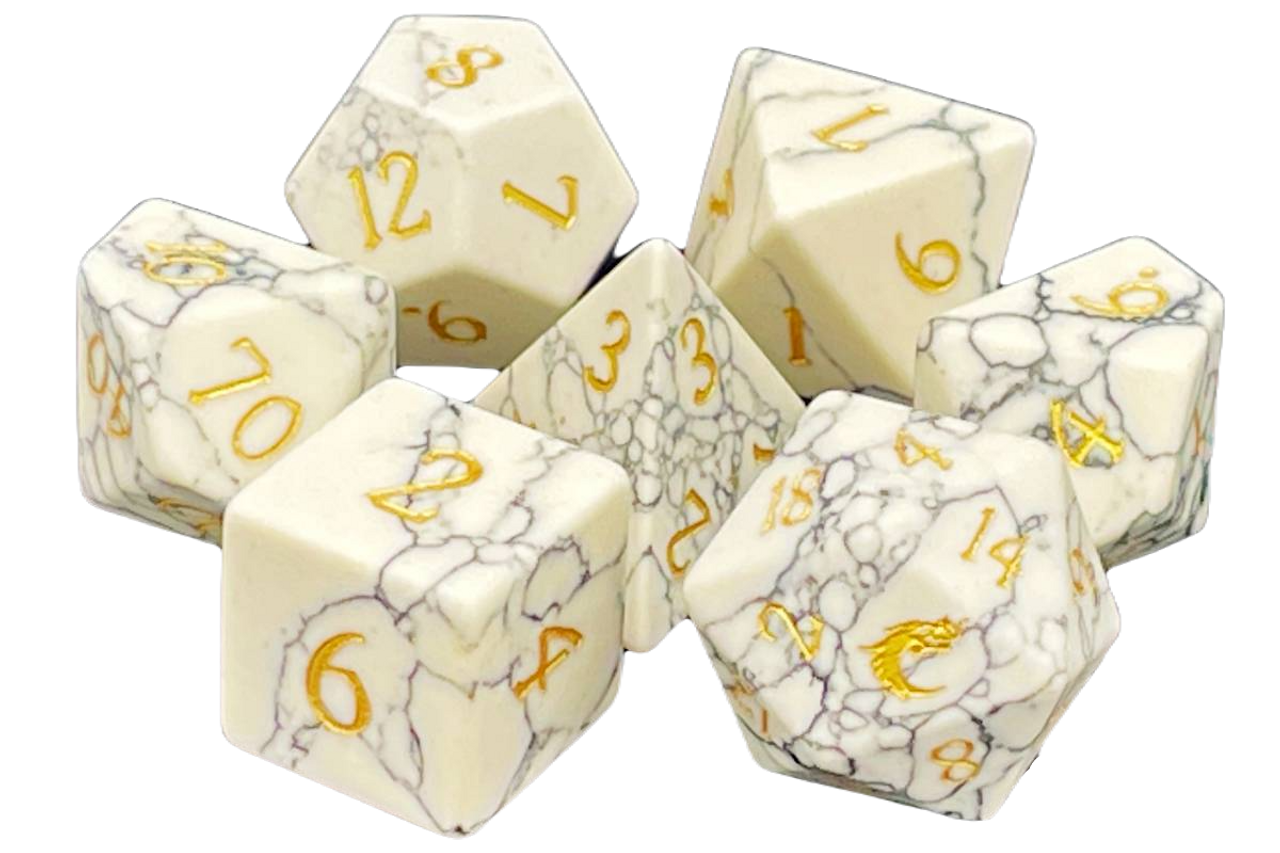 Old School Dice: Gemstone 7-Piece Set - Turquoise - White w/ Gold | Deep Dive Games St. Marys